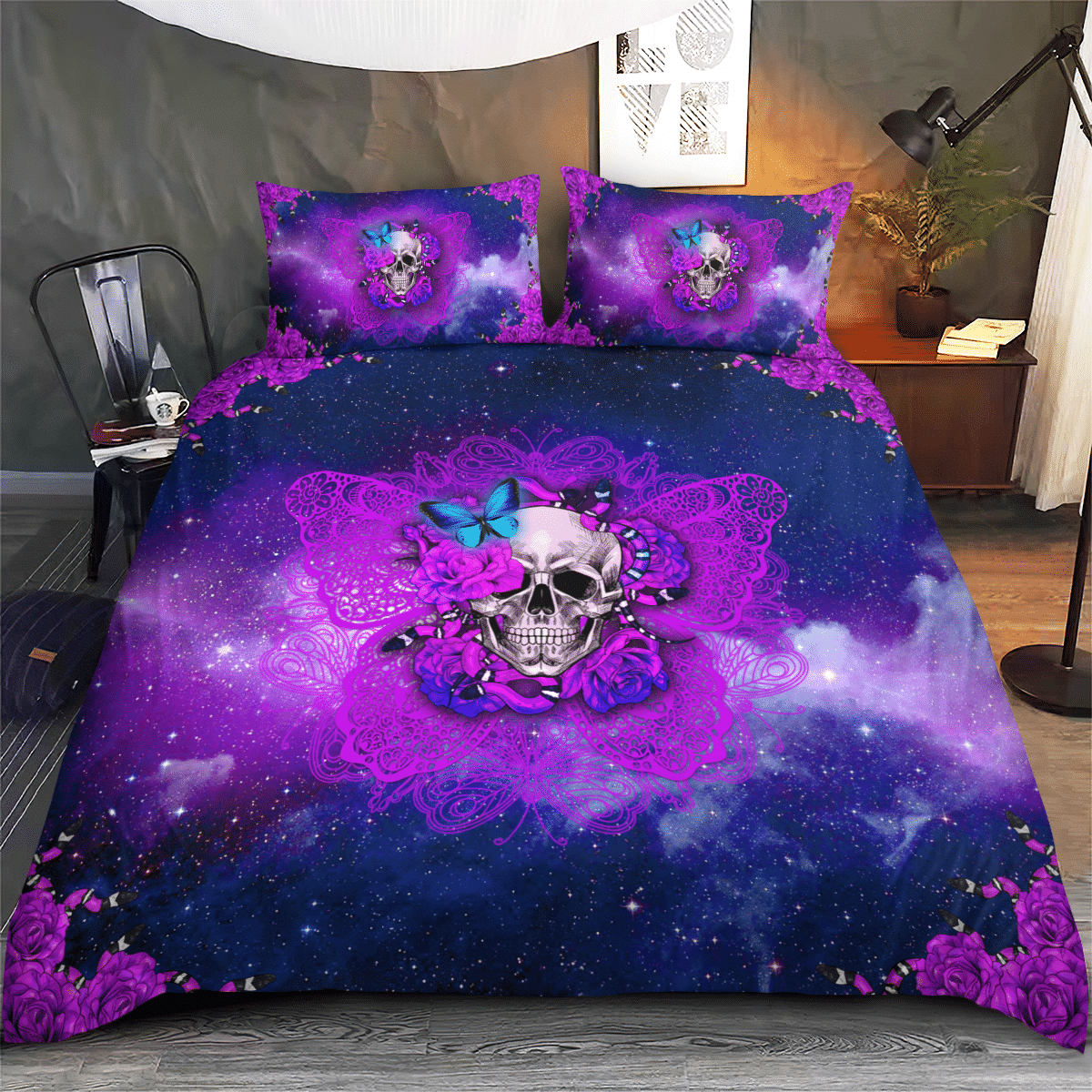 Skull Butterfly Galaxy Halloween Fashion Bedding Set