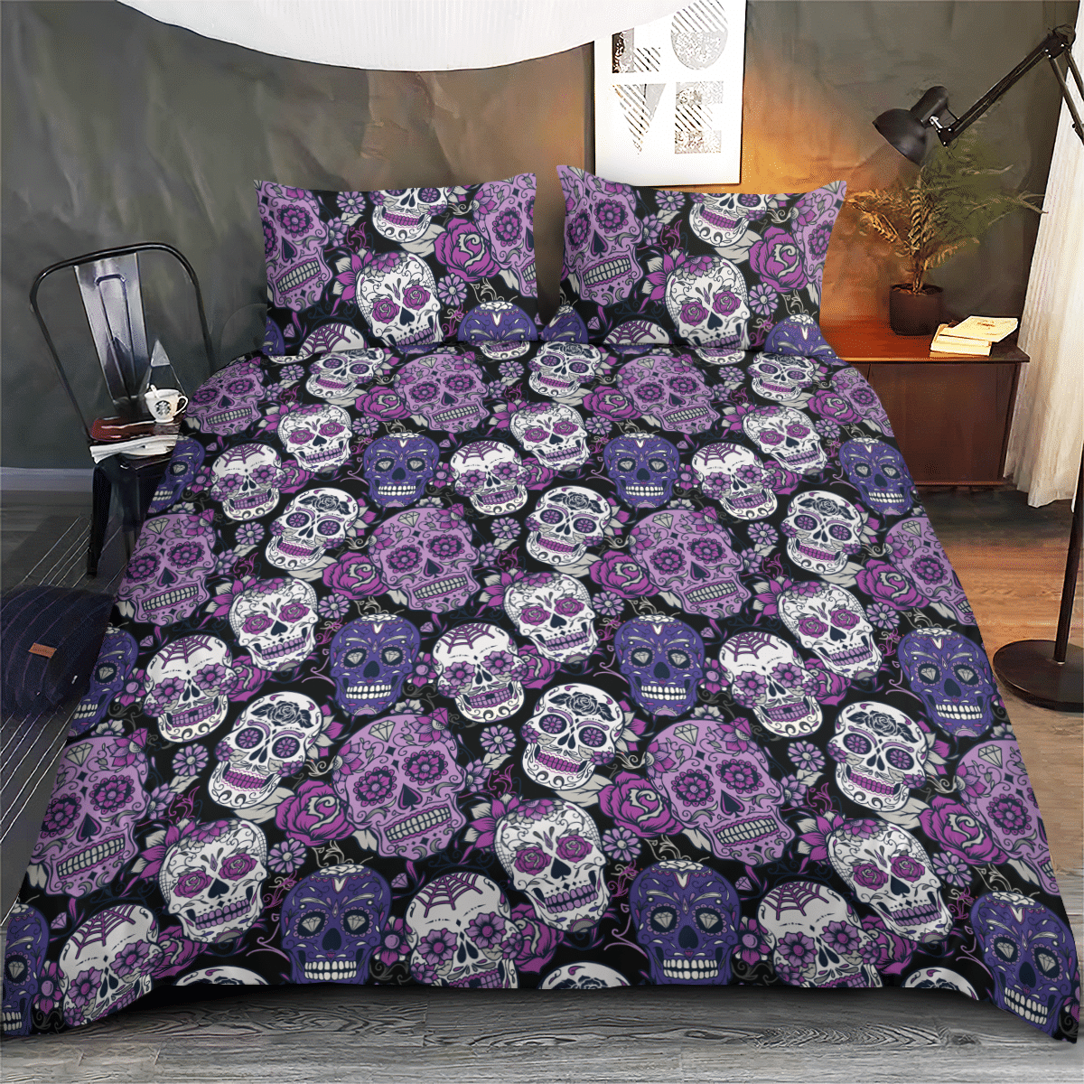 Sugar Skull Purple Halloween Bedding Set