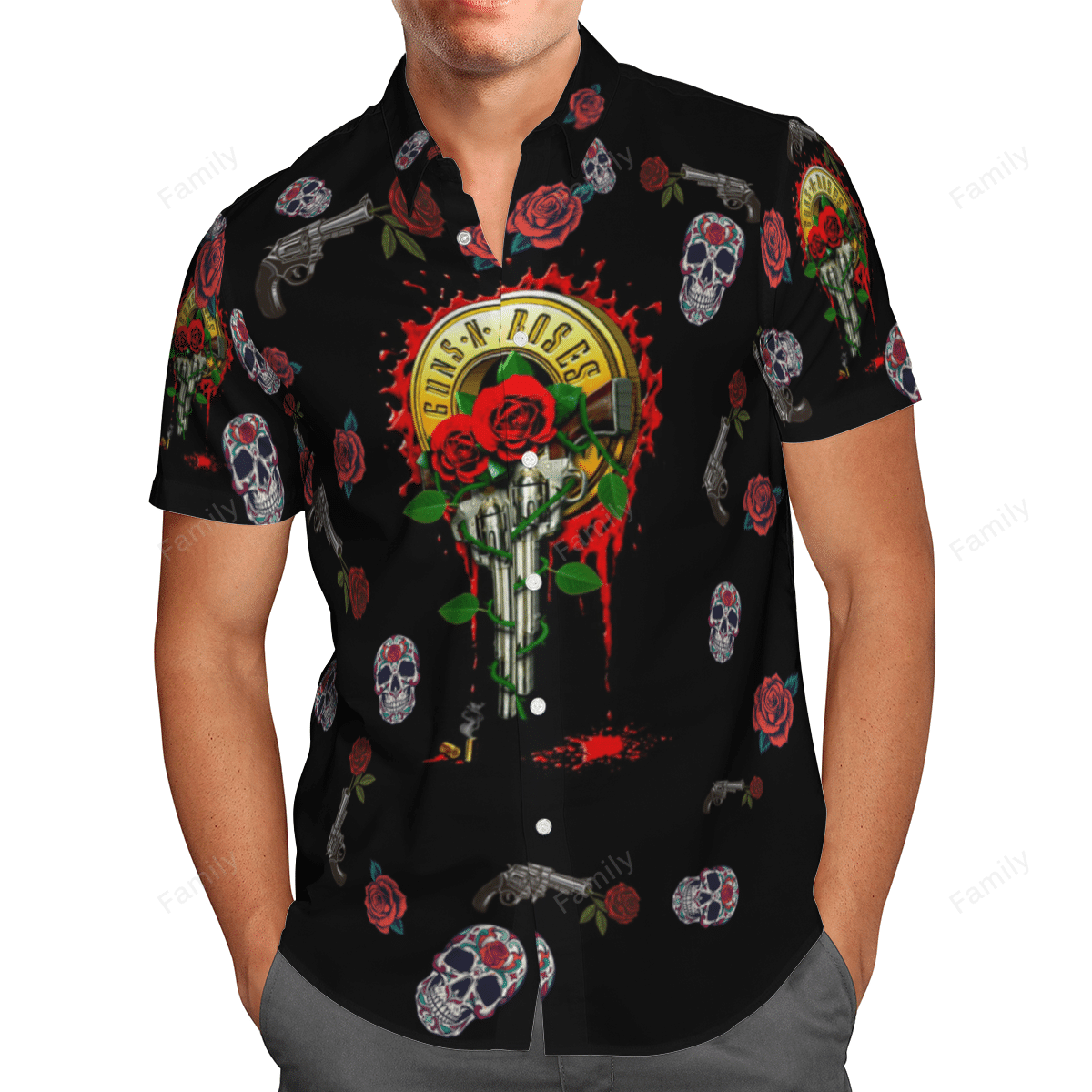 Guns N' Roses Skull Gun Rose AOP Hawaii Shirt