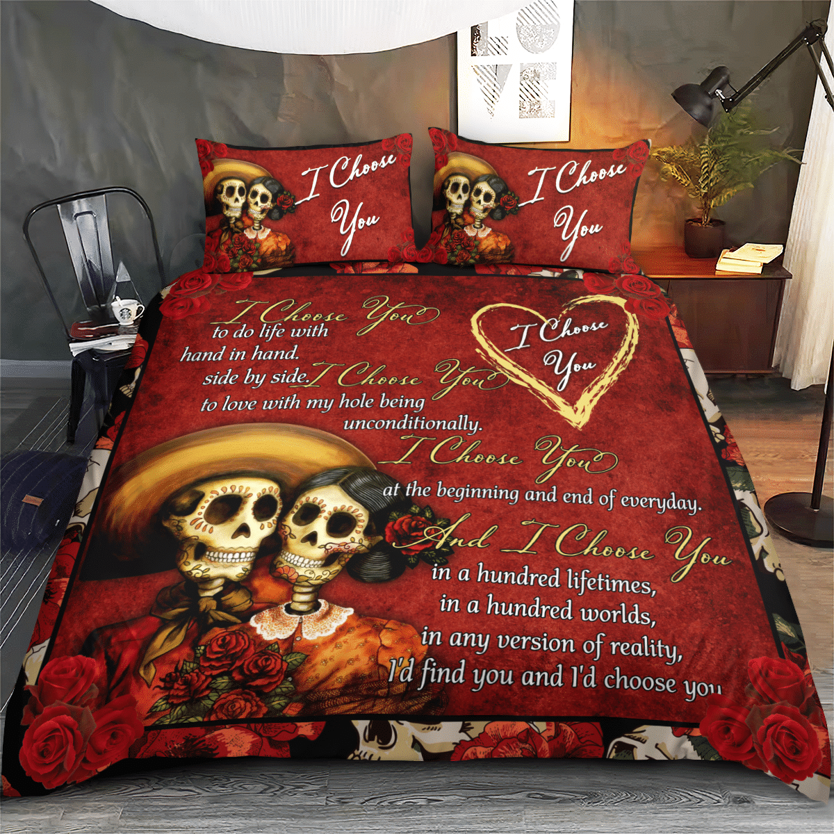 Romantic I Choose You Sugar Skull Breath Quilt - Bedding Set