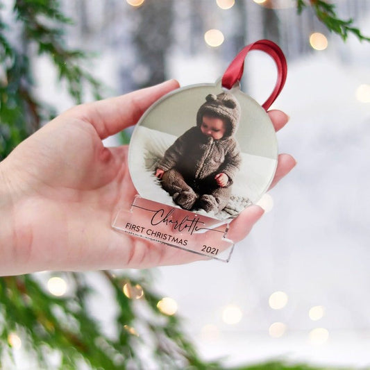 Baby 1st First Christmas Ornaments, Baby's 1st Christmas Bauble Decorations, Personalised Newborn Baby Family Photo Ornament 2021