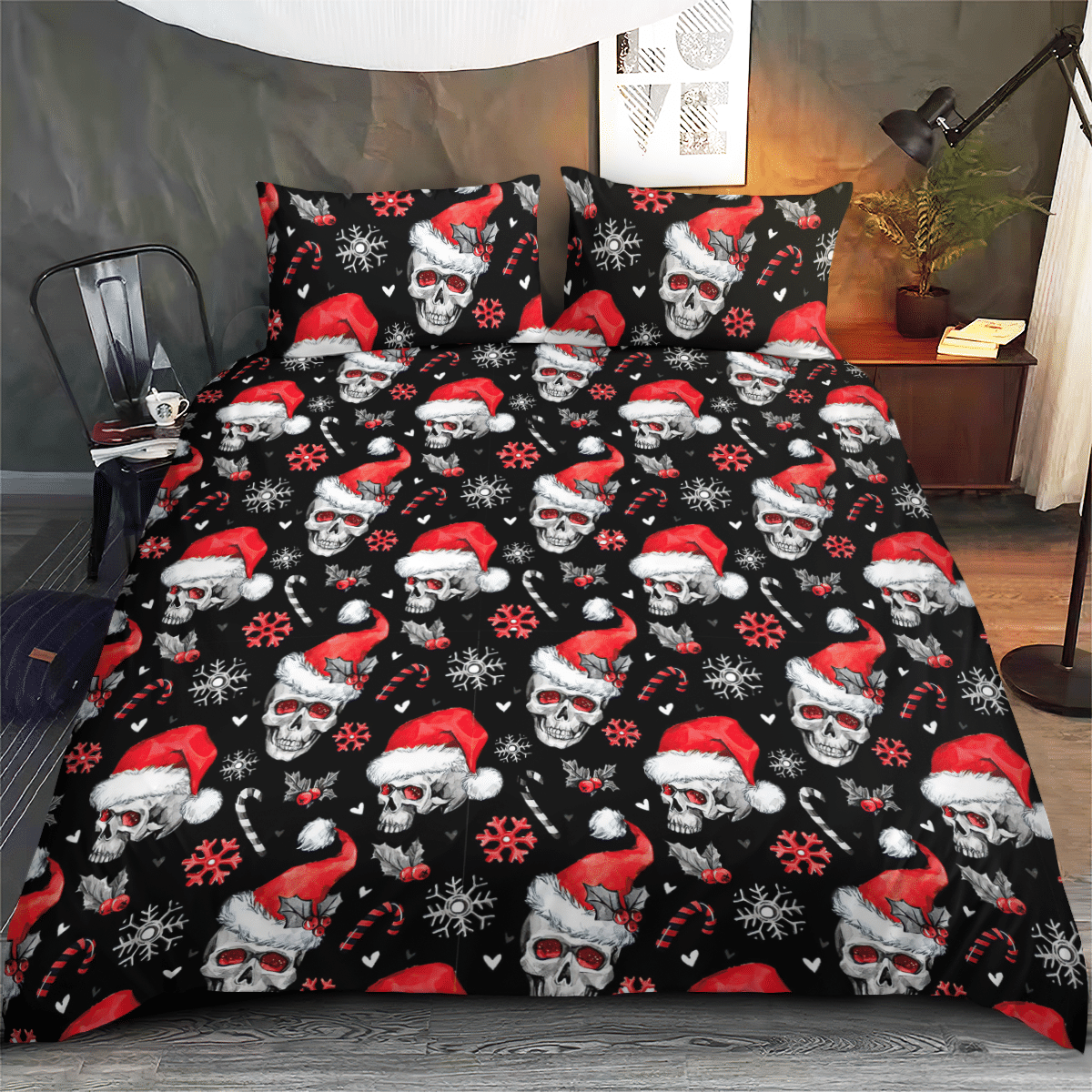 Skull Christmas Black Quilt - Bedding Set