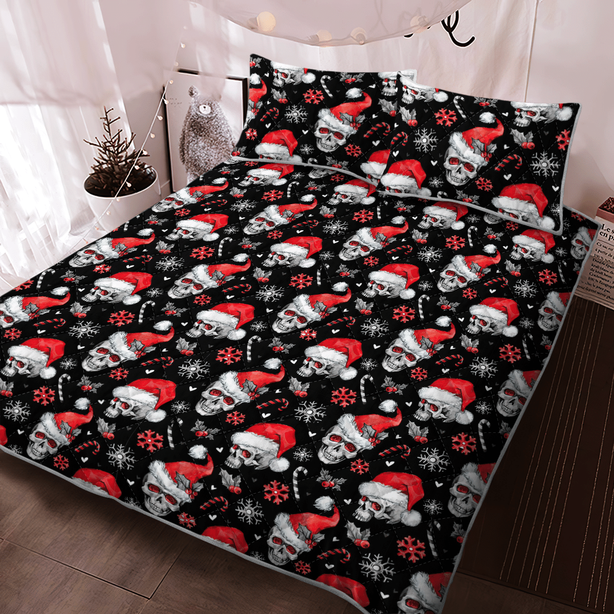Skull Christmas Black Quilt - Bedding Set