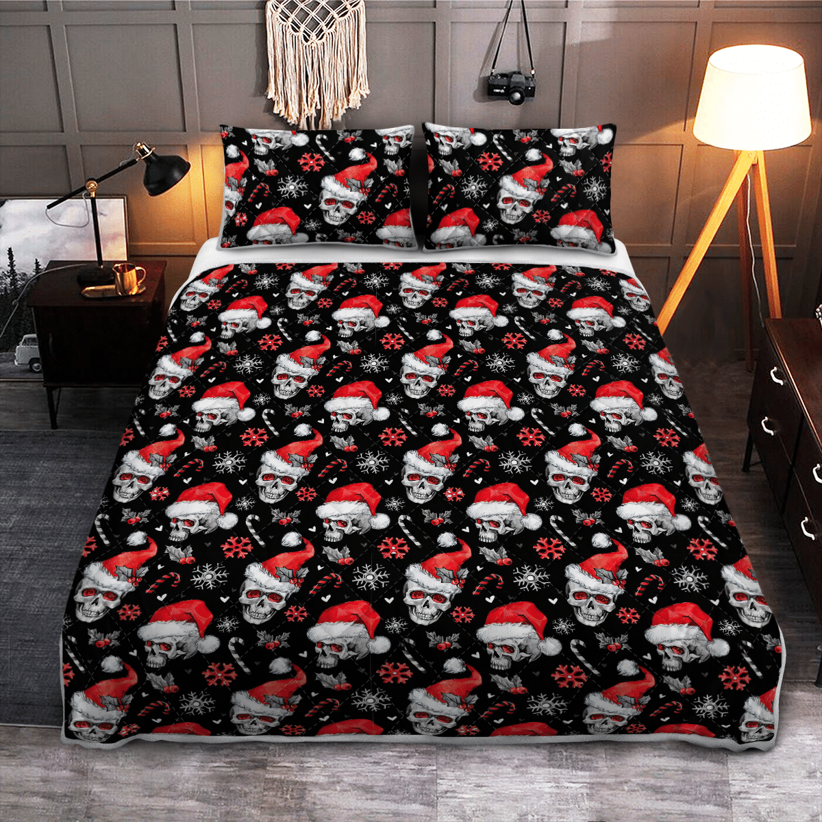 Skull Christmas Black Quilt - Bedding Set